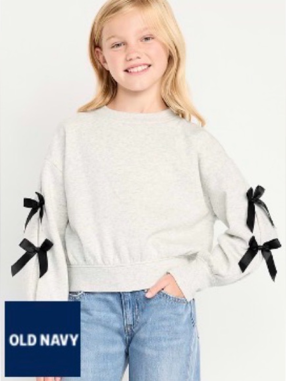 Old Navy Light Heather Gray Crewneck Sweatshirt with Black Sleeve Bows